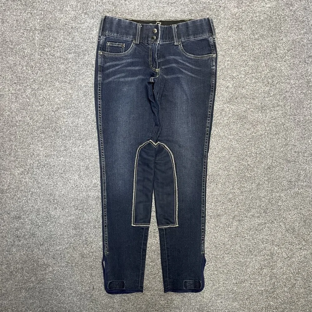 Goode Rider Ladies Stretch Denim Knee Patch Breeches Embroidered Back Pockets - Picture 1 of 9